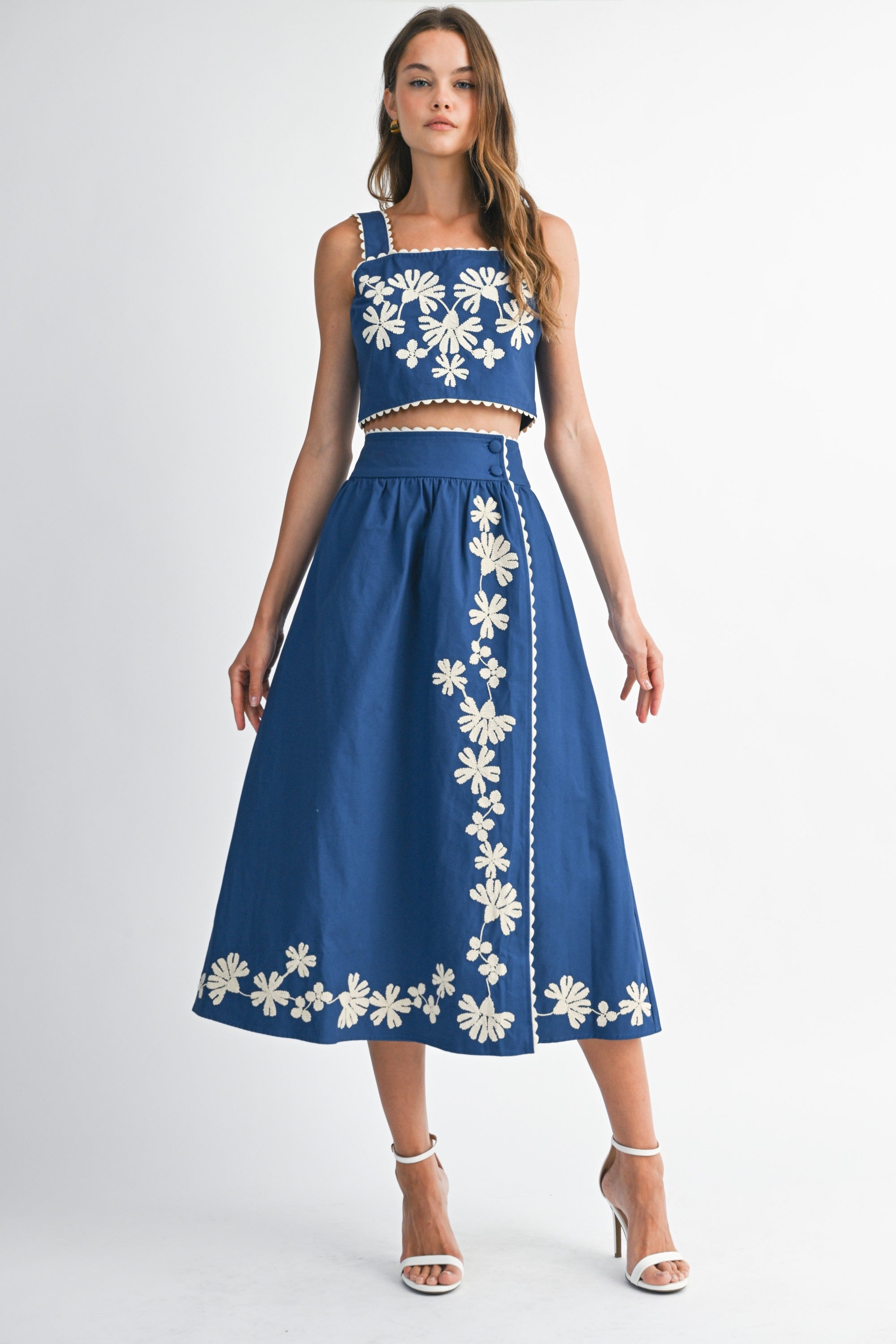 The Amina Embroidered Crop Top + Midi Skirt Set