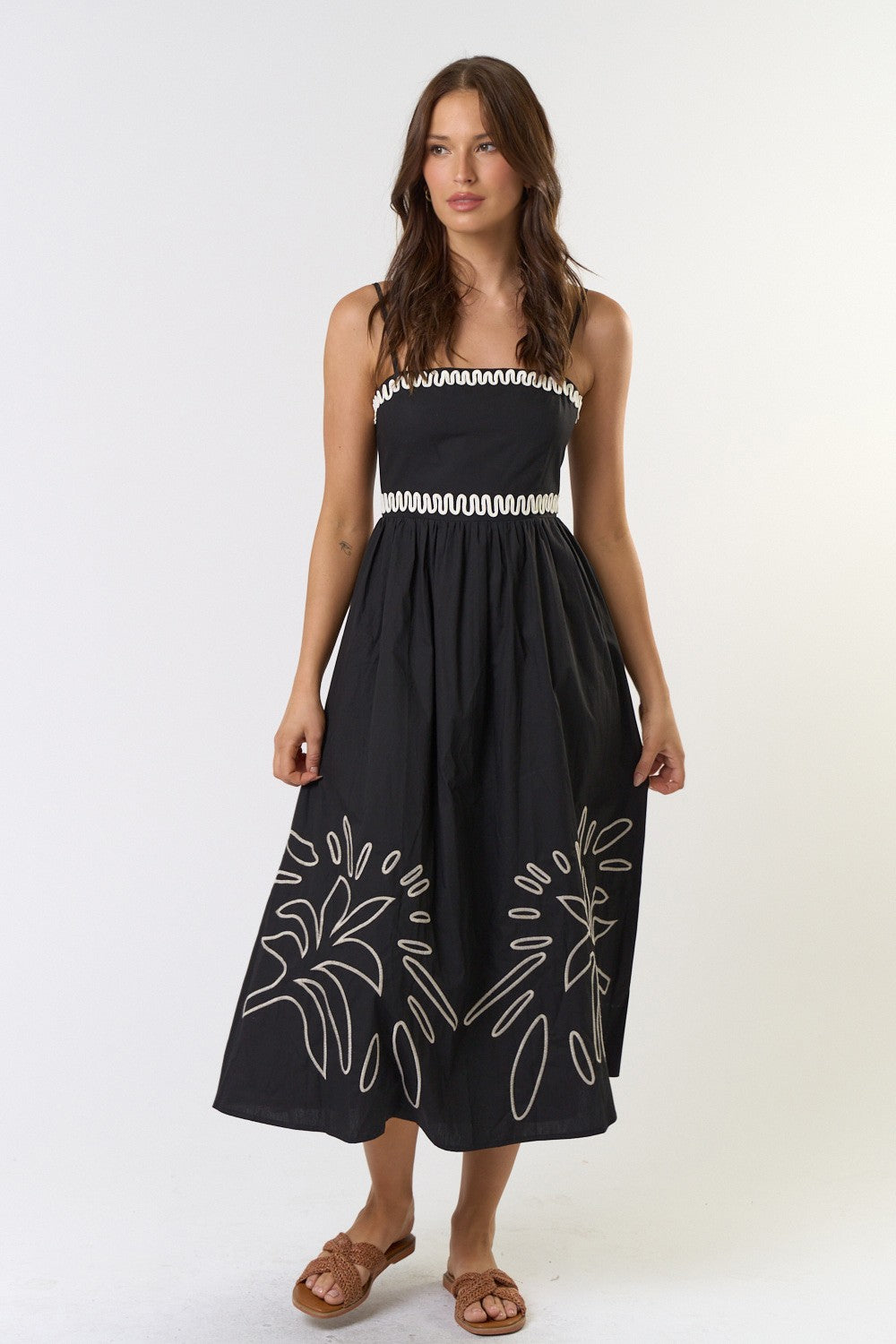 The Arabella Black Embroidered Midi Dress  Thread + Seed