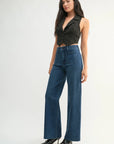 The Briar Dark Denim Mini Patch Pocket Wide Jeans