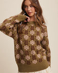 The Brinley Olive Flower Pattern Knit Sweater