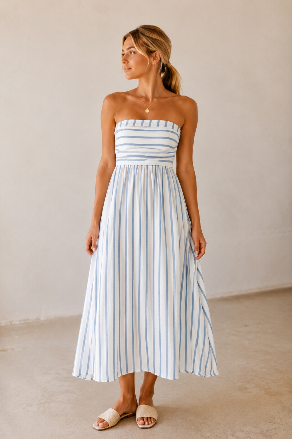 The Lenora Blue Stripe Strapless Midi Dress – Thread + Seed