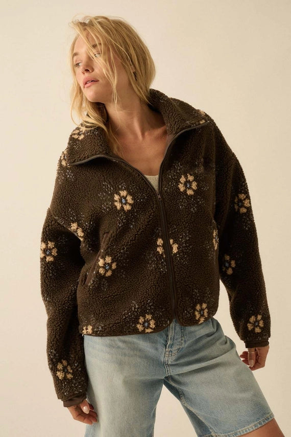 The Delilah Chocolate Floral Fleece Sherpa Jacket – Thread + Seed