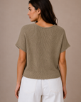 The Rowen Taupe Pointelle Ribbed Knit Sweater