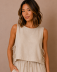 The Cara Natural Side Tie Top + Pant Set - Sold Separately