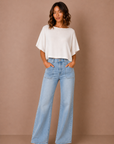 The Maeve Light Denim Patch Pocket Wide Leg Flare Jeans
