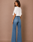 The Maeve Medium Denim Patch Pocket Wide Leg Flare Jeans