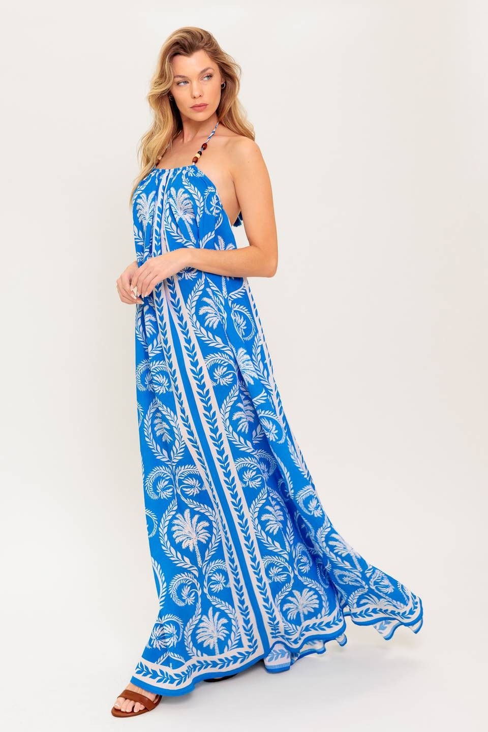 knee length dresses for ladies Baltic Born Womens Brett Halter Maxi Dress | Navy Print main image 0