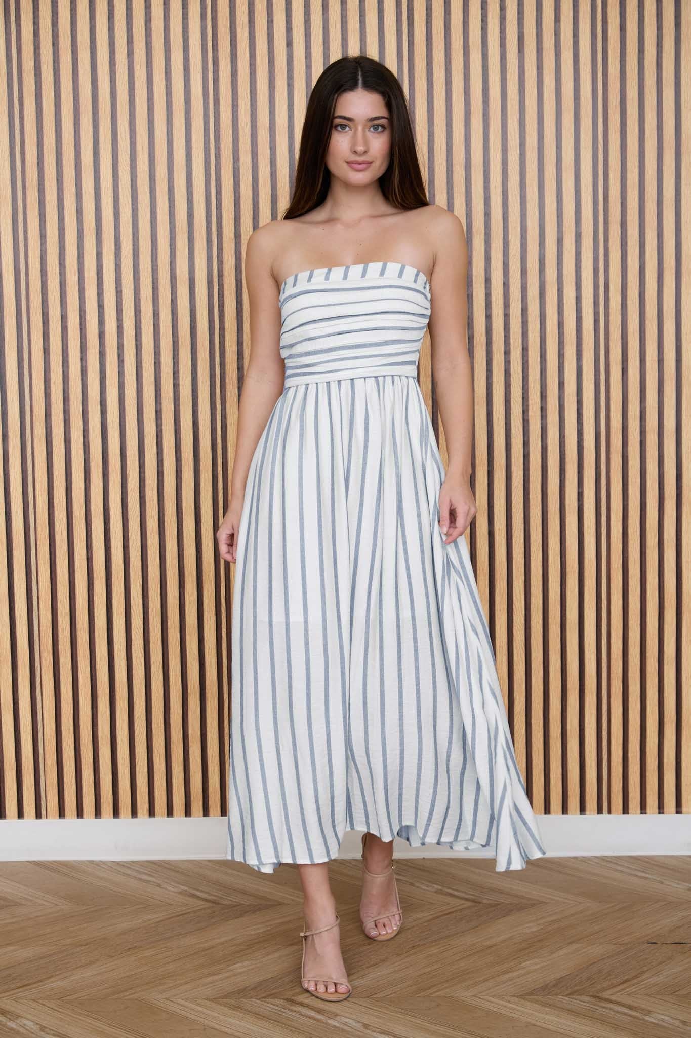 The Lenora Blue Stripe Strapless Midi Dress The Lenora Blue Stripe Strapless Midi Dress