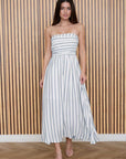 The Lenora Blue Stripe Strapless Midi Dress