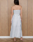 The Lenora Blue Stripe Strapless Midi Dress