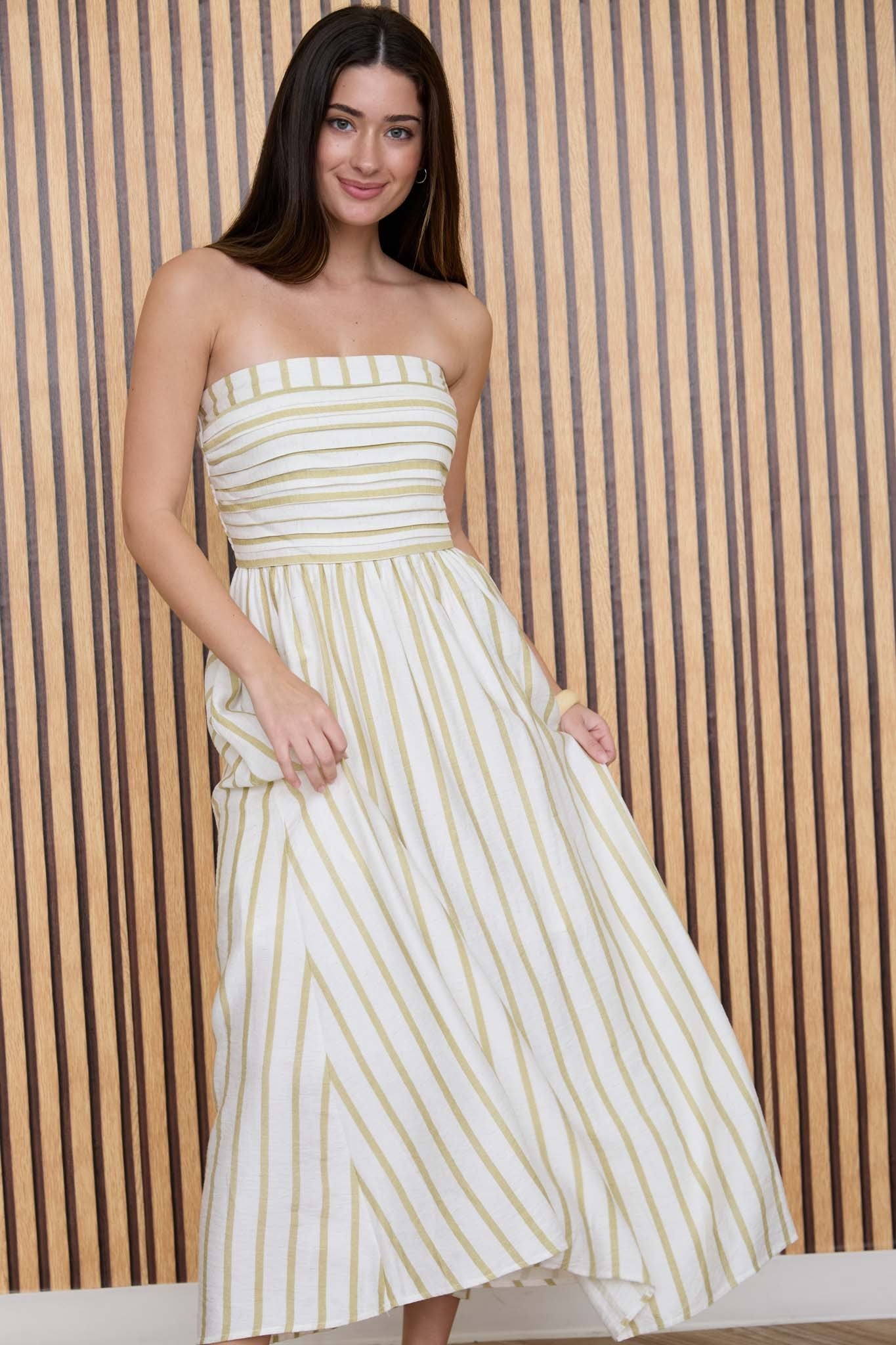 The Lenora Olive Stripe Strapless Midi Dress Thread + Seed The Lenora Olive Stripe Strapless Midi Dress Thread + Seed