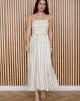 The Lenora Olive Stripe Strapless Midi Dress