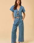 The Mariella Floral Embroidery Denim Top + Pants Set - Sold Separately