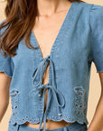 The Mariella Floral Embroidery Denim Top + Pants Set - Sold Separately