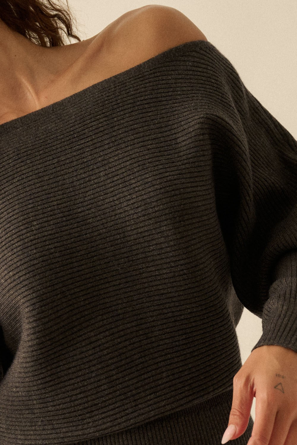 off the shoulder sweater midi dress The Nevaeh Charcoal One Shoulder Sweater Midi Dress – Thread + Seed