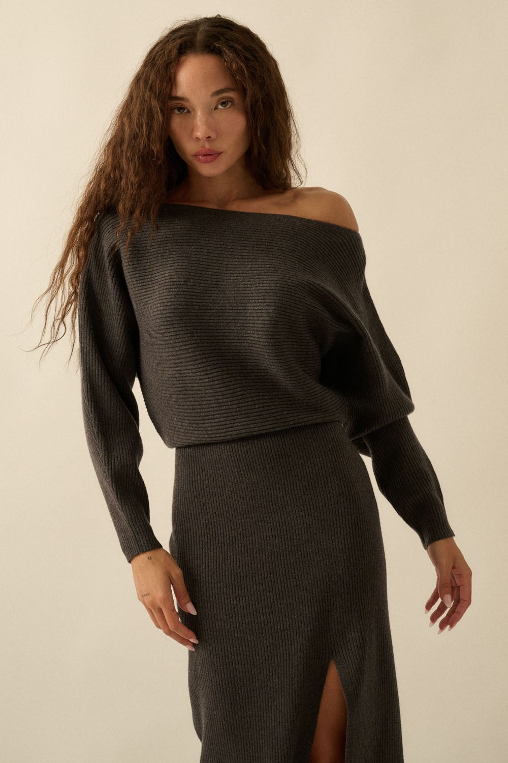 one shoulder knitted dress The Nevaeh Charcoal One Shoulder Sweater Midi Dress – Thread + Seed