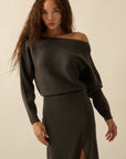 The Nevaeh Charcoal One Shoulder Sweater Midi Dress