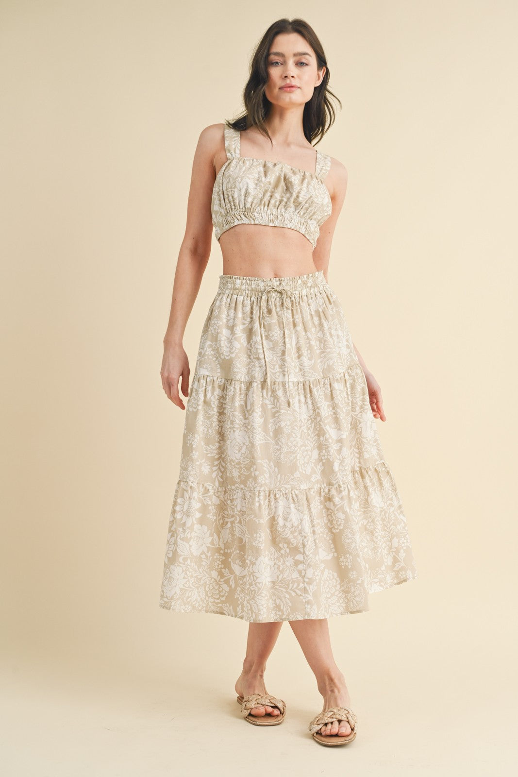 The Rona Taupe Floral Crop Top Skirt Set Sold Separately