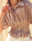 The Winnie Brown Striped Pleated Top