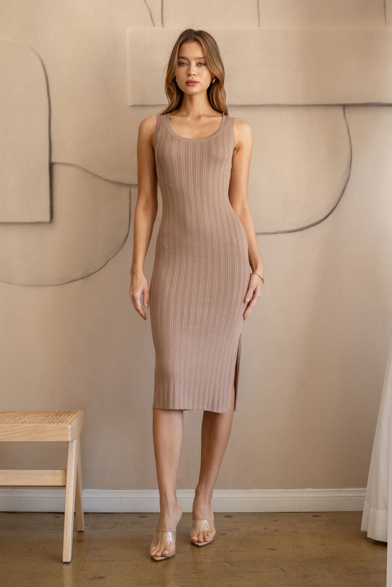 The Cloe Khaki Knit Midi Dress