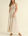 The Polina Oatmeal Linen Smocked Maxi Dress