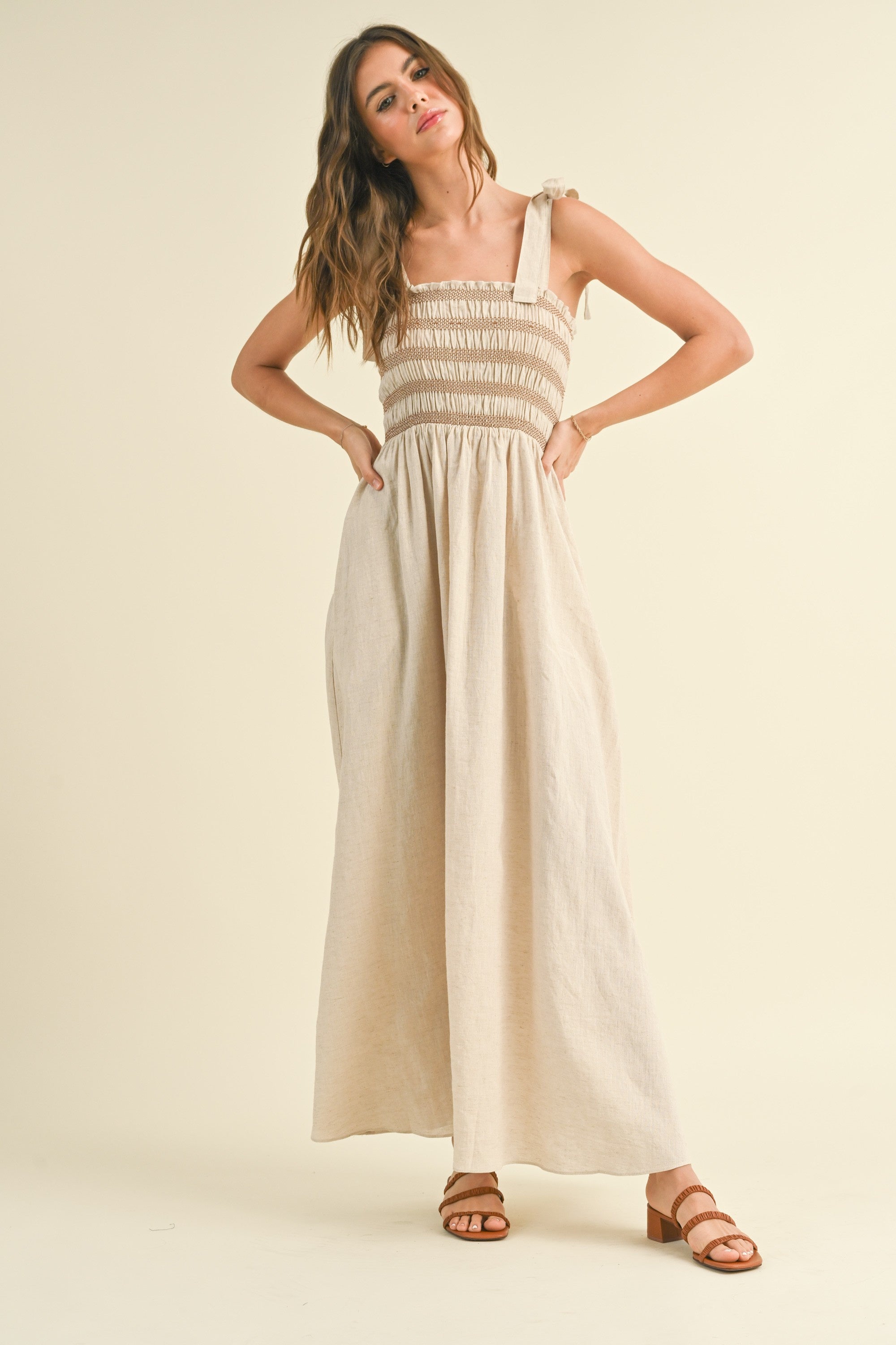 The Polina Oatmeal Linen Smocked Maxi Dress The Polina Oatmeal Linen Smocked Maxi Dress
