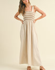 The Polina Oatmeal Linen Smocked Maxi Dress