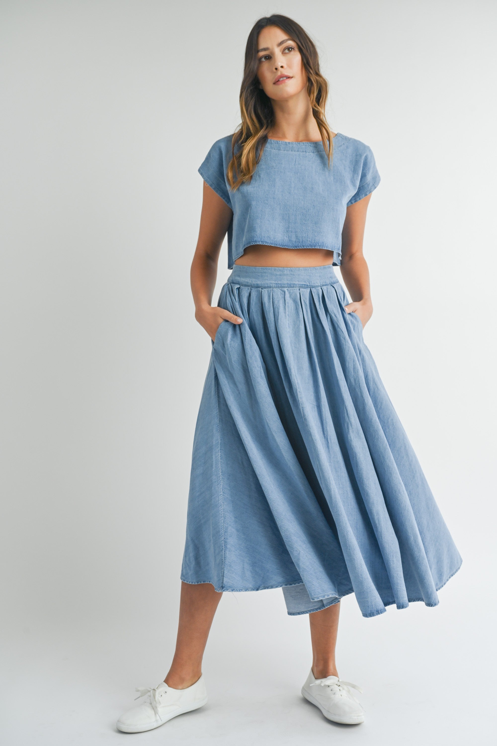 The Santorini Denim Crop Top + Midi Skirt Set - Sold Separately