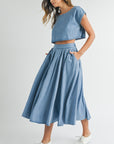 The Santorini Denim Crop Top + Midi Skirt Set - Sold Separately