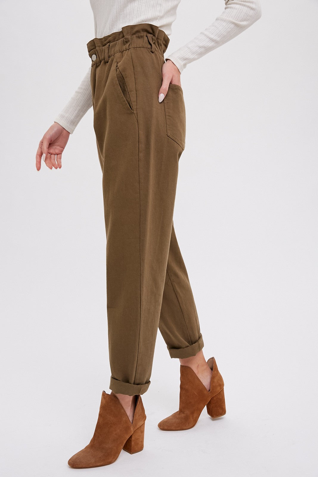Khaki Pants - High Waist Paperbag Pants - Button Dly Closure Paperbag Pants