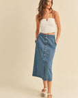 The Yara Button Down Denim Midi Skirt