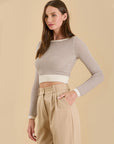 The Yara Taupe Striped Cropped Sweater