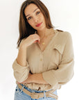 The Melia Khaki Button-down Top