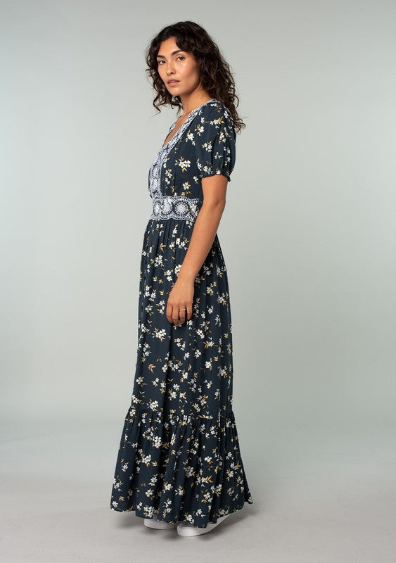 Lori-Anne Dress | Teal Floral Embroidery