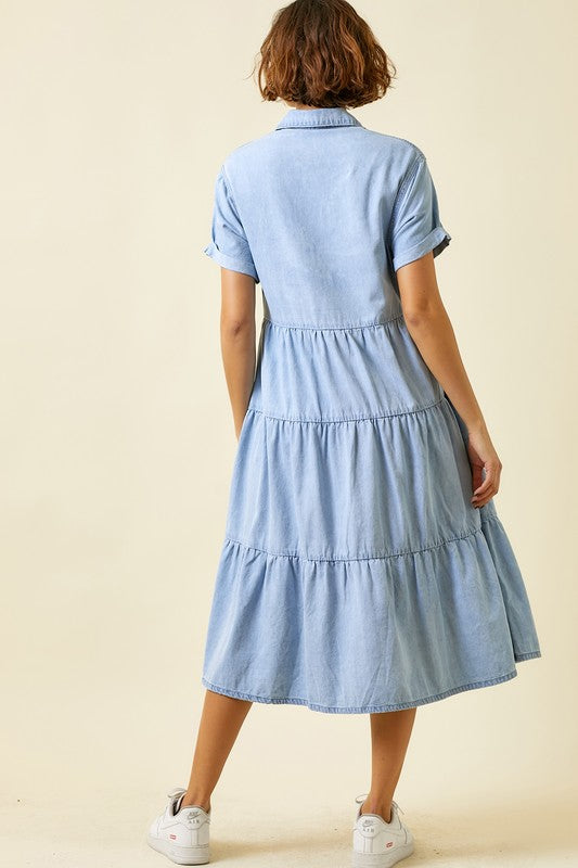 tiered denim midi dress The Darcy Button Up Denim Midi Dress – Thread + Seed
