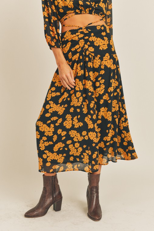 The Jeanne Floral Tie Waist Midi Skirt Thread + Seed
