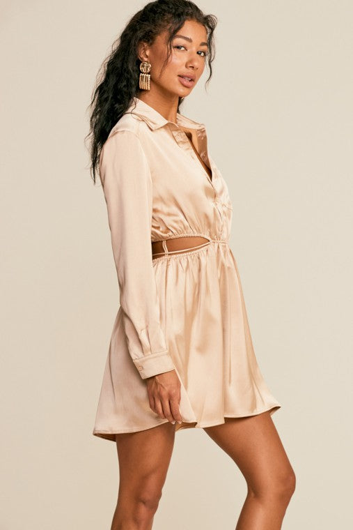 beige satin long sleeve dress Beige Satin Dress main image 1