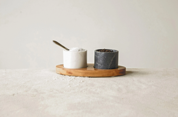 Black + White Marble Pinch Bowl Set with Brass Spoon