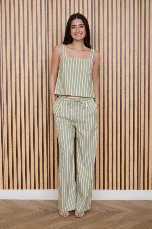 The Mira Light Olive Striped Top + Pant Set - Sold Separately