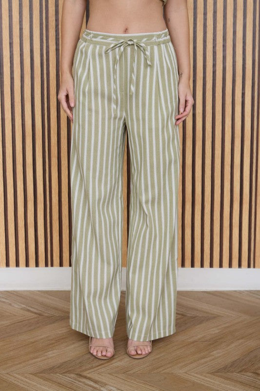 The Mira Light Olive Striped Top + Pant Set - Sold Separately