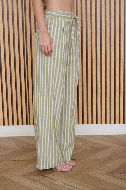 The Mira Light Olive Striped Top + Pant Set - Sold Separately