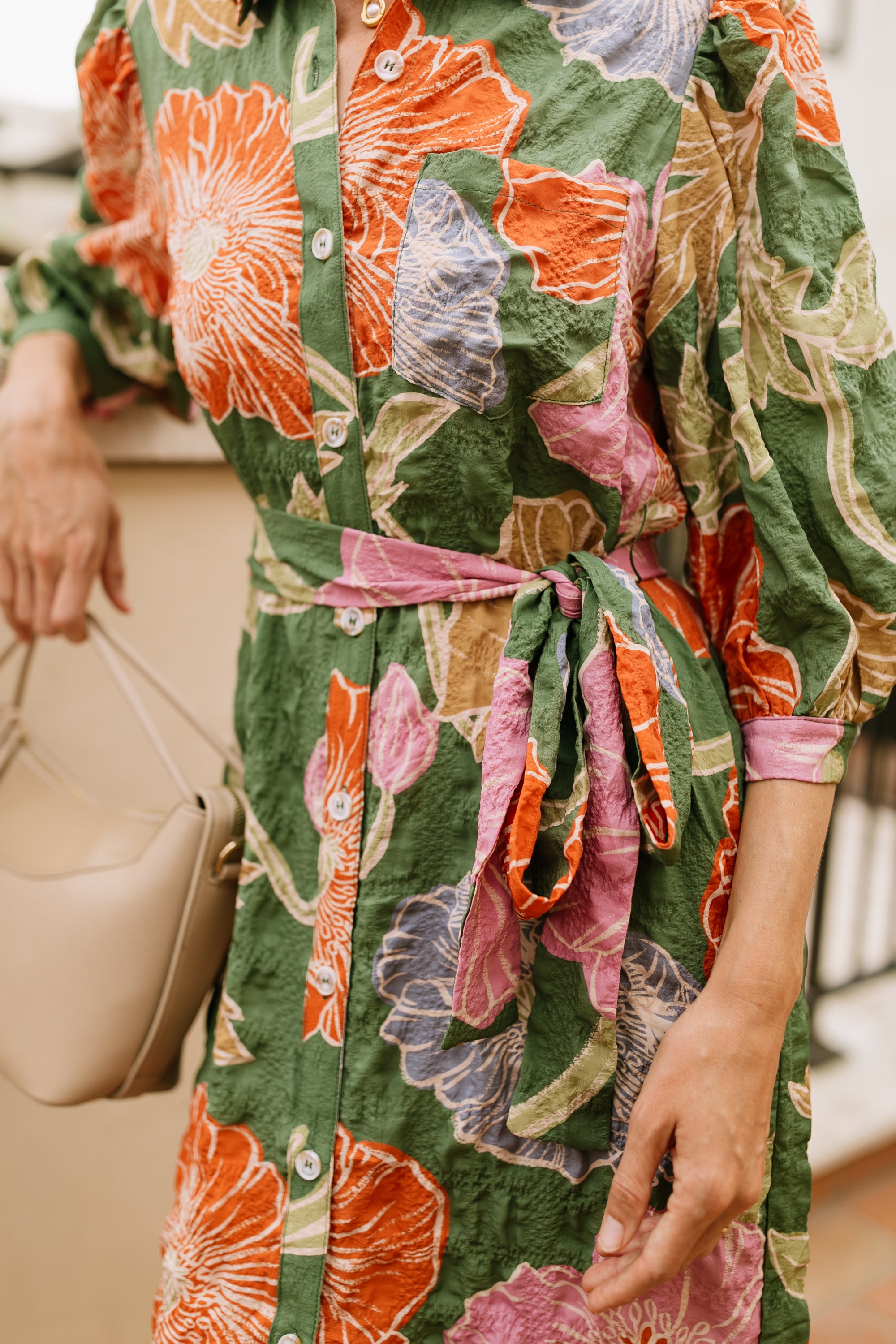 floral midi shirt dress for women Donna Karan Women's Linen-Blend Floral Midi Shirt Dress in Lawn Multi Green, Size 8