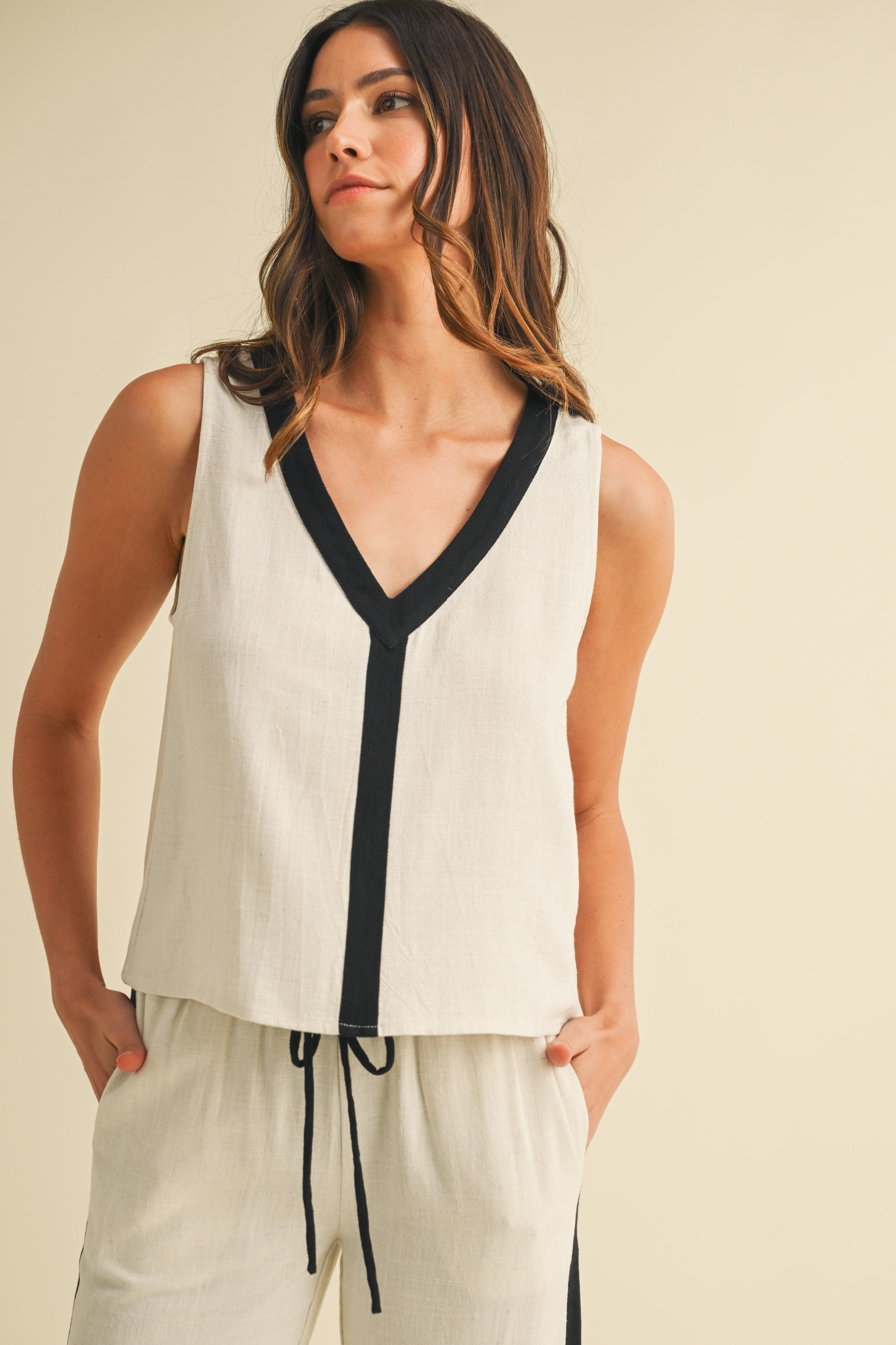 The Alba Linen Contrast Top + Pant Set - Sold Separately