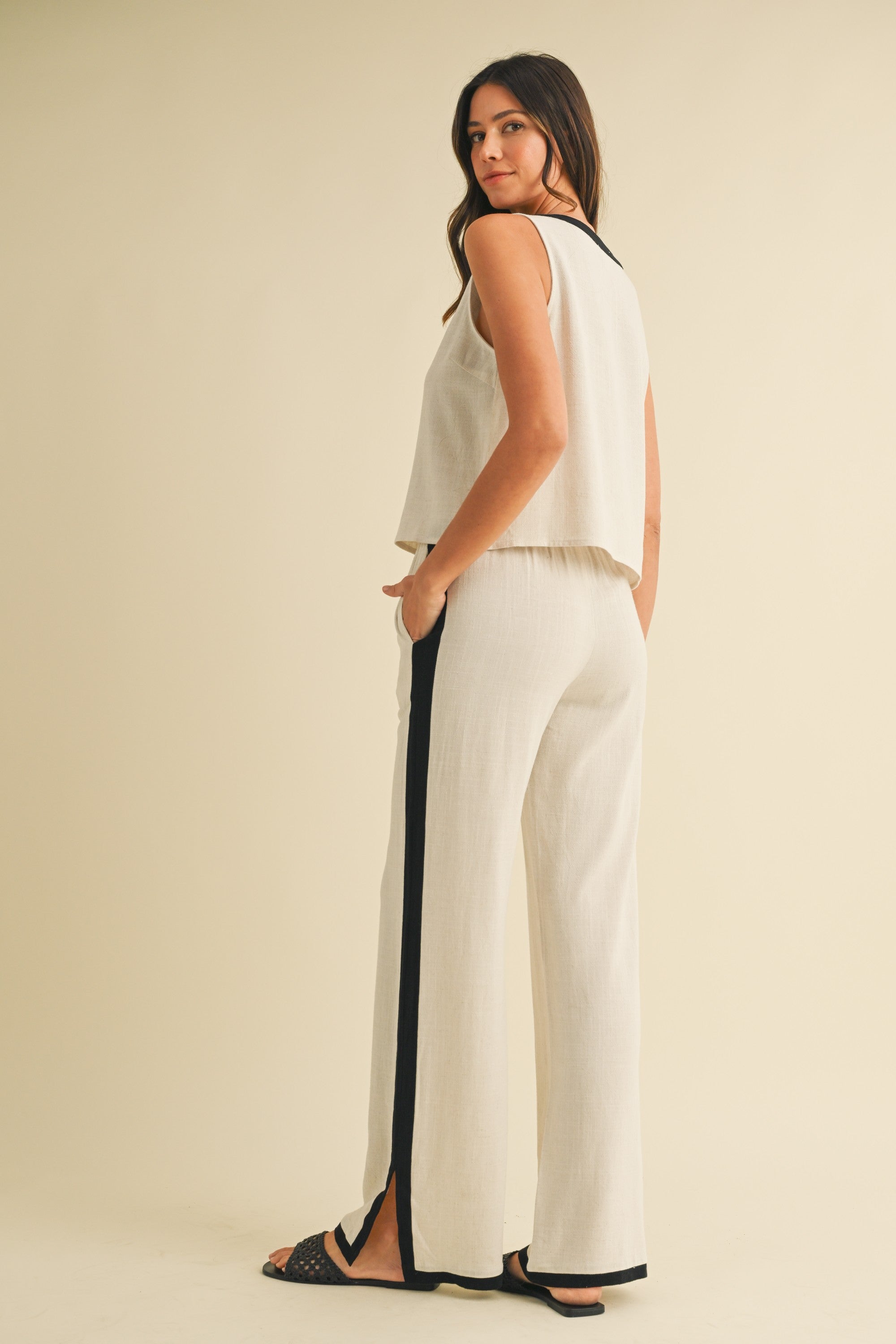 The Alba Linen Contrast Top + Pant Set - Sold Separately