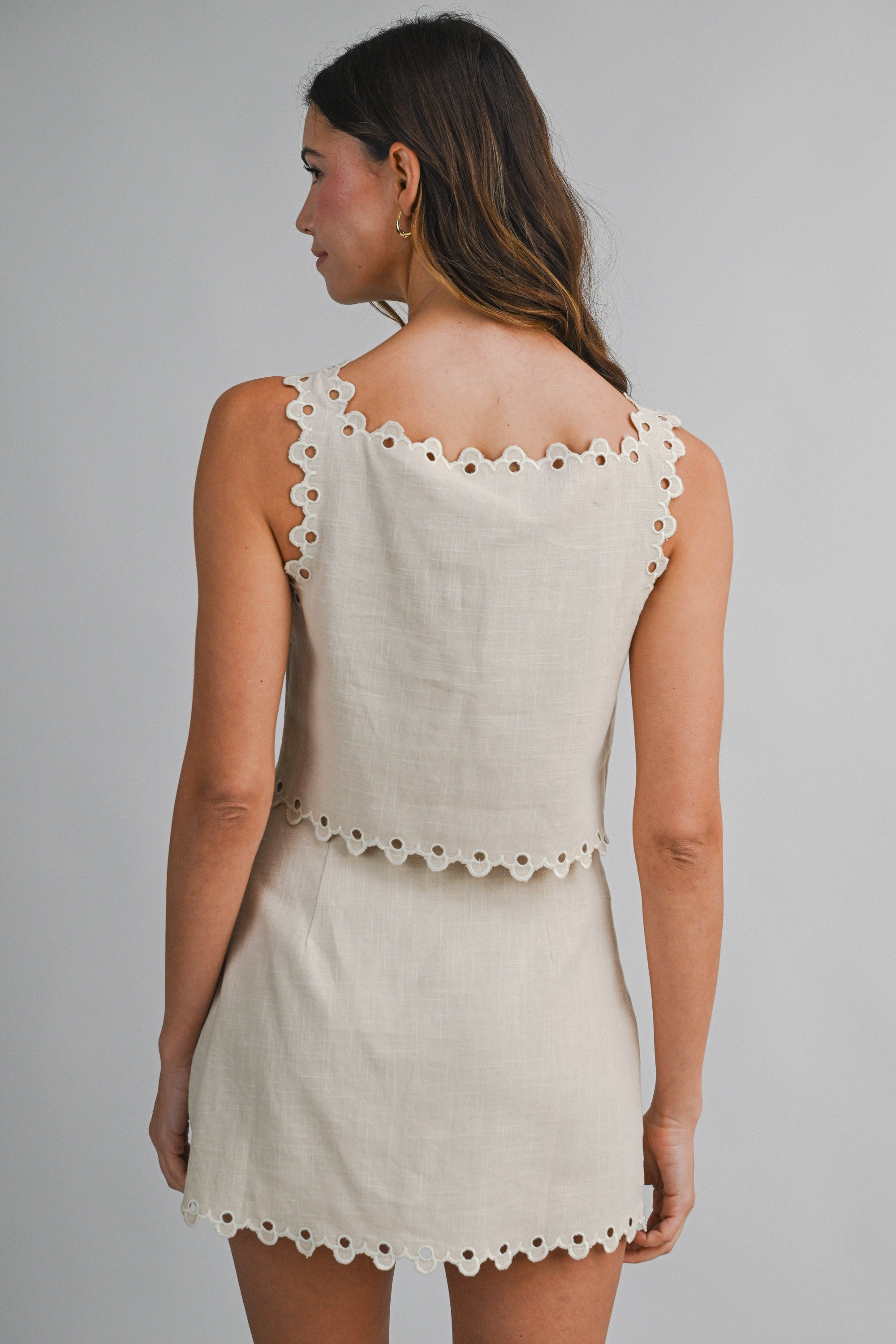 The Arity Scalloped Cut Out Crop Top + Mini Skirt Set - Sold Separately