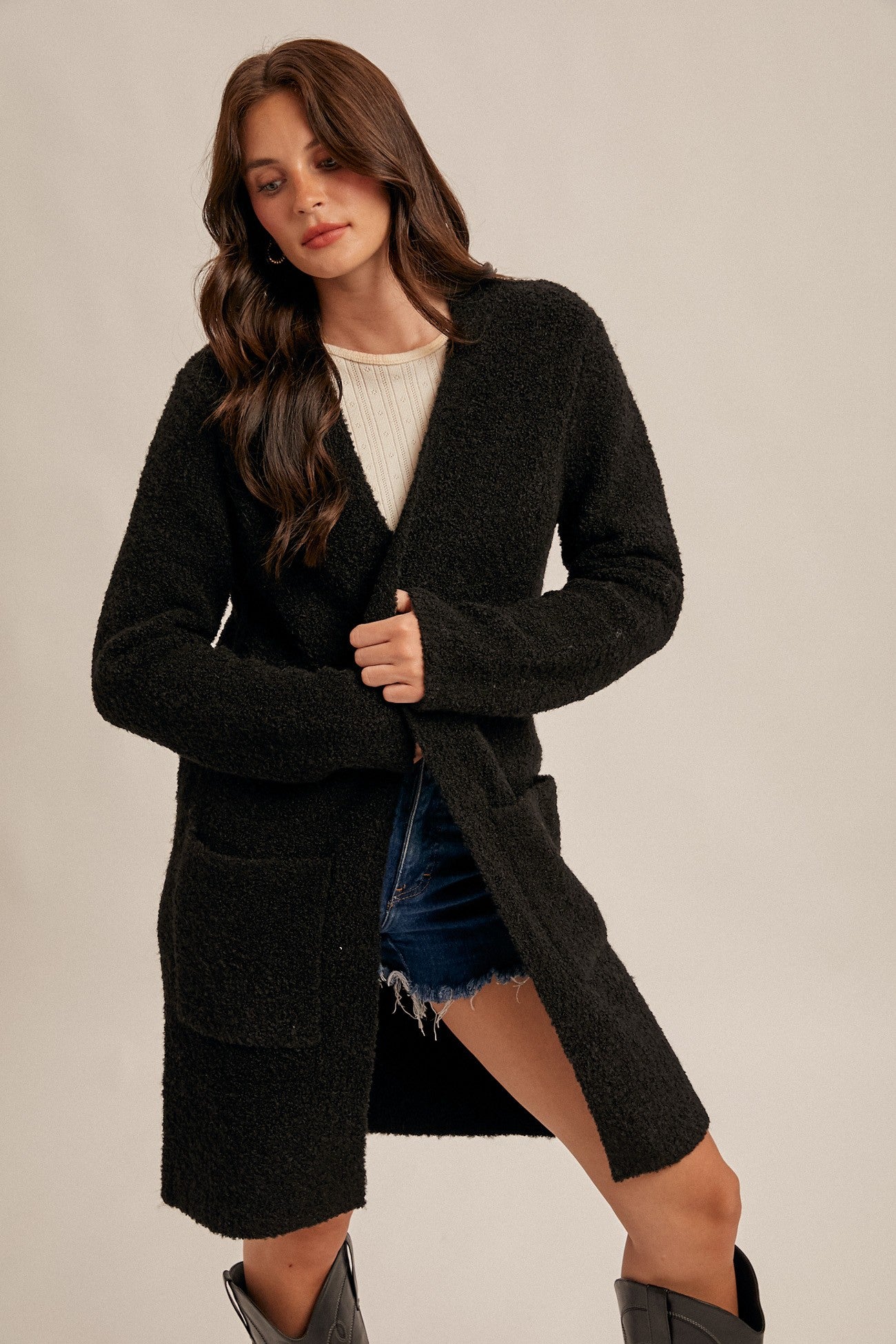 The Audrey Black Boucle Cardigan – Thread + Seed