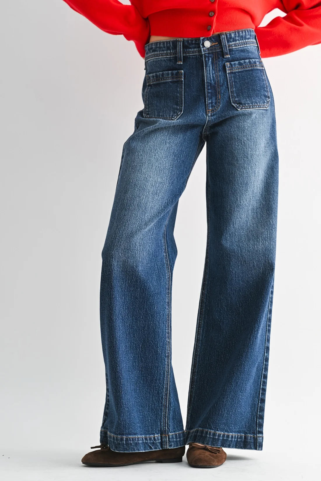 The Avery Dark Denim Micro Patch Pocket Wide Leg Jeans