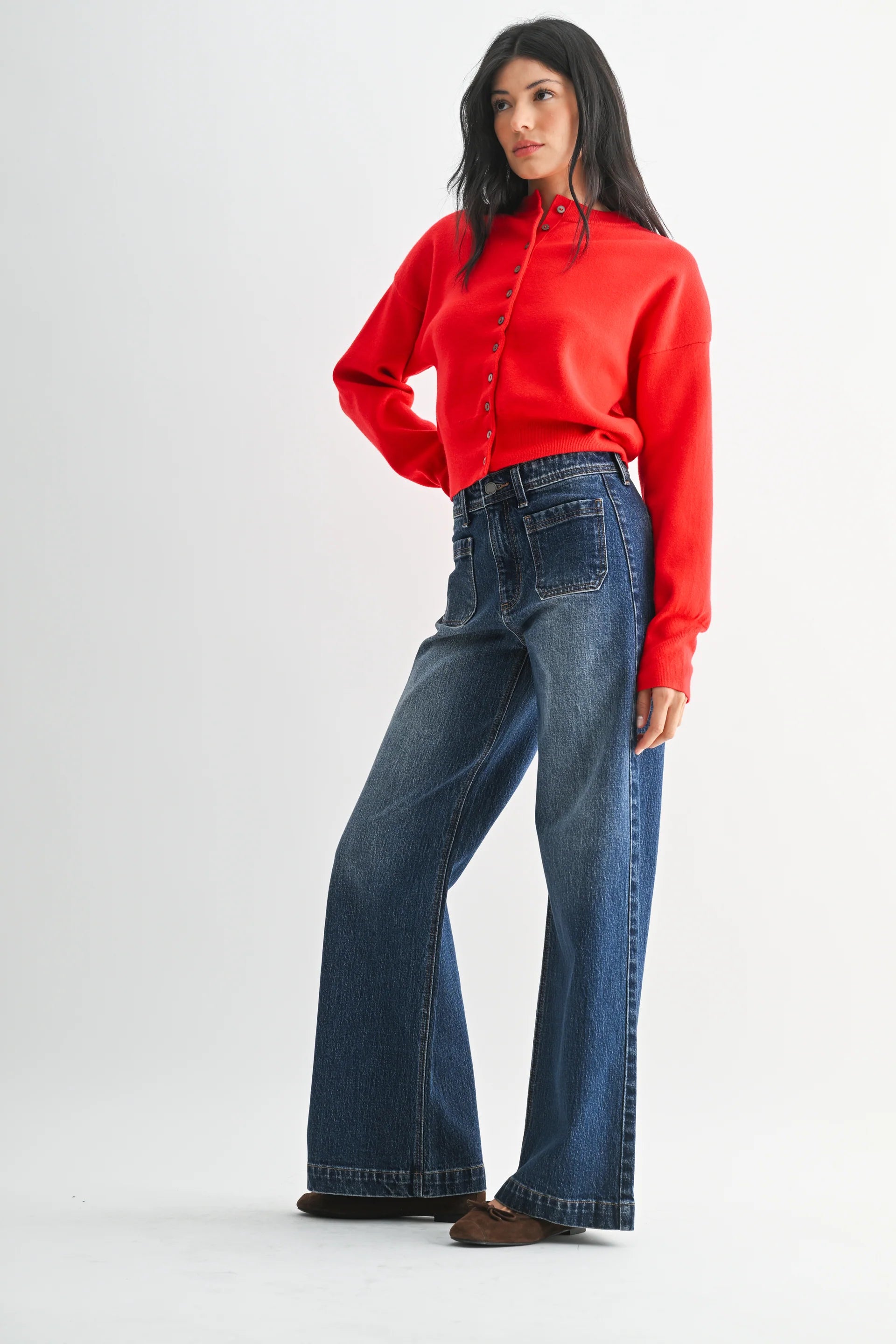 The Avery Dark Denim Micro Patch Pocket Wide Leg Jeans