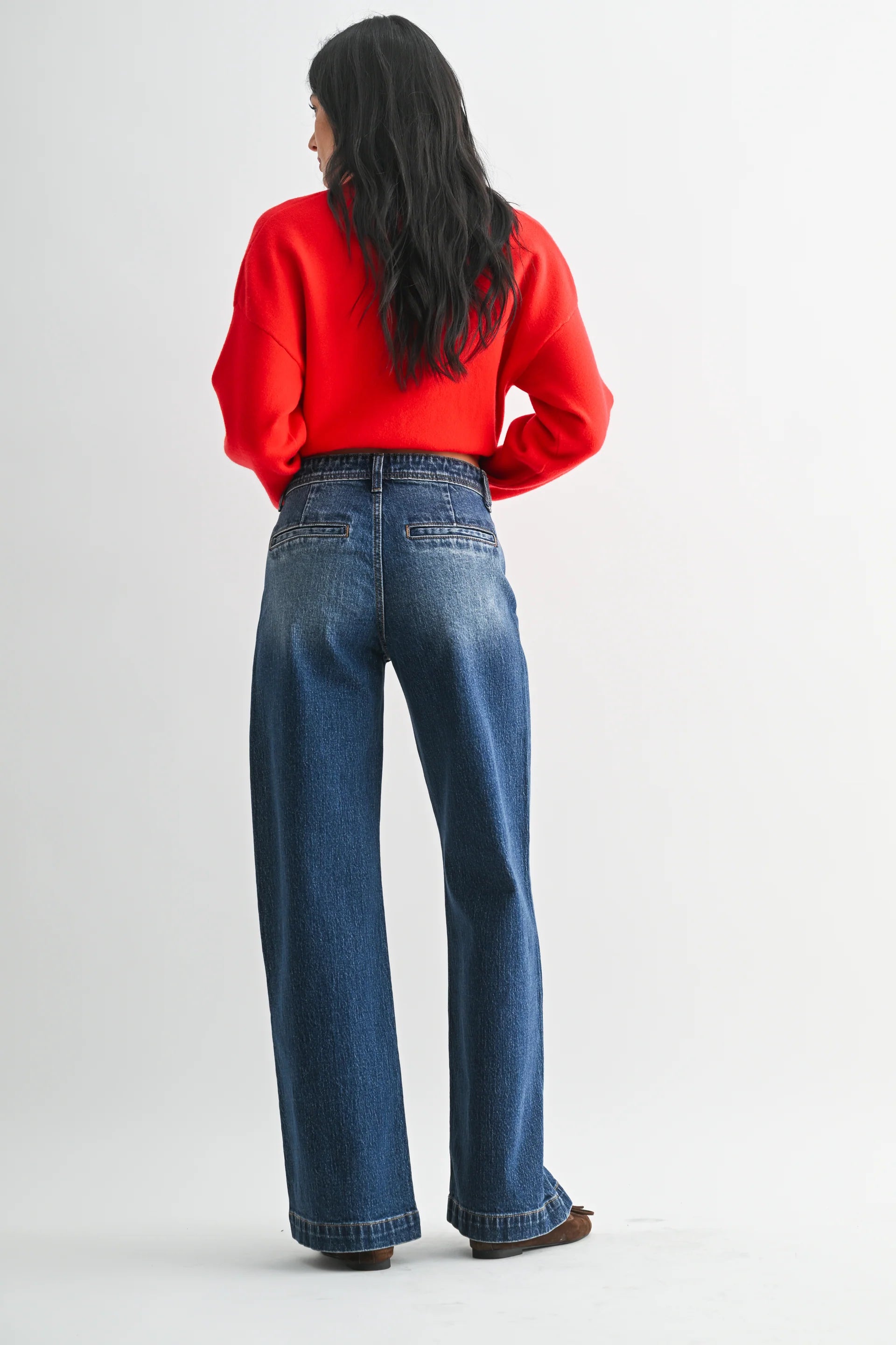 The Avery Dark Denim Micro Patch Pocket Wide Leg Jeans
