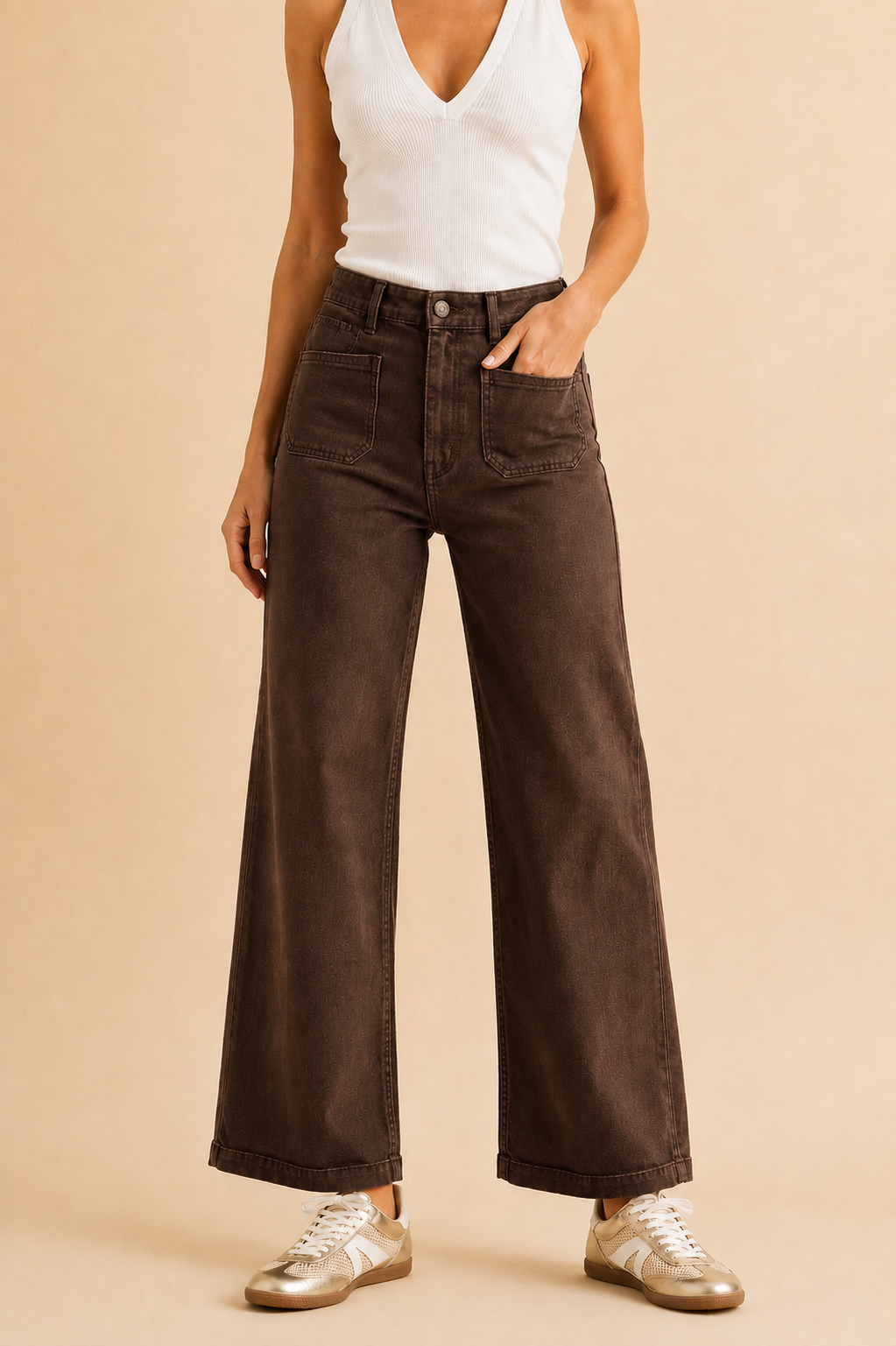 The Raley Dark Brown Patch Pocket Wide Leg Jeans